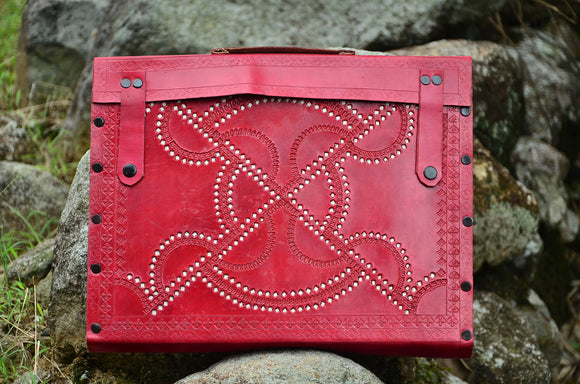 LeatherLaptop Case/Messenger Bag , Ethnic Red Hand stitched & Hole Punch, Vintage Style，   織途  ， Om Ethnic Handicraft , macrame