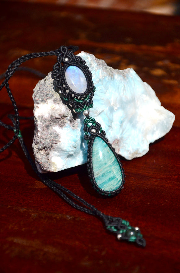 Moon stone & Amazonite Macrame Necklace